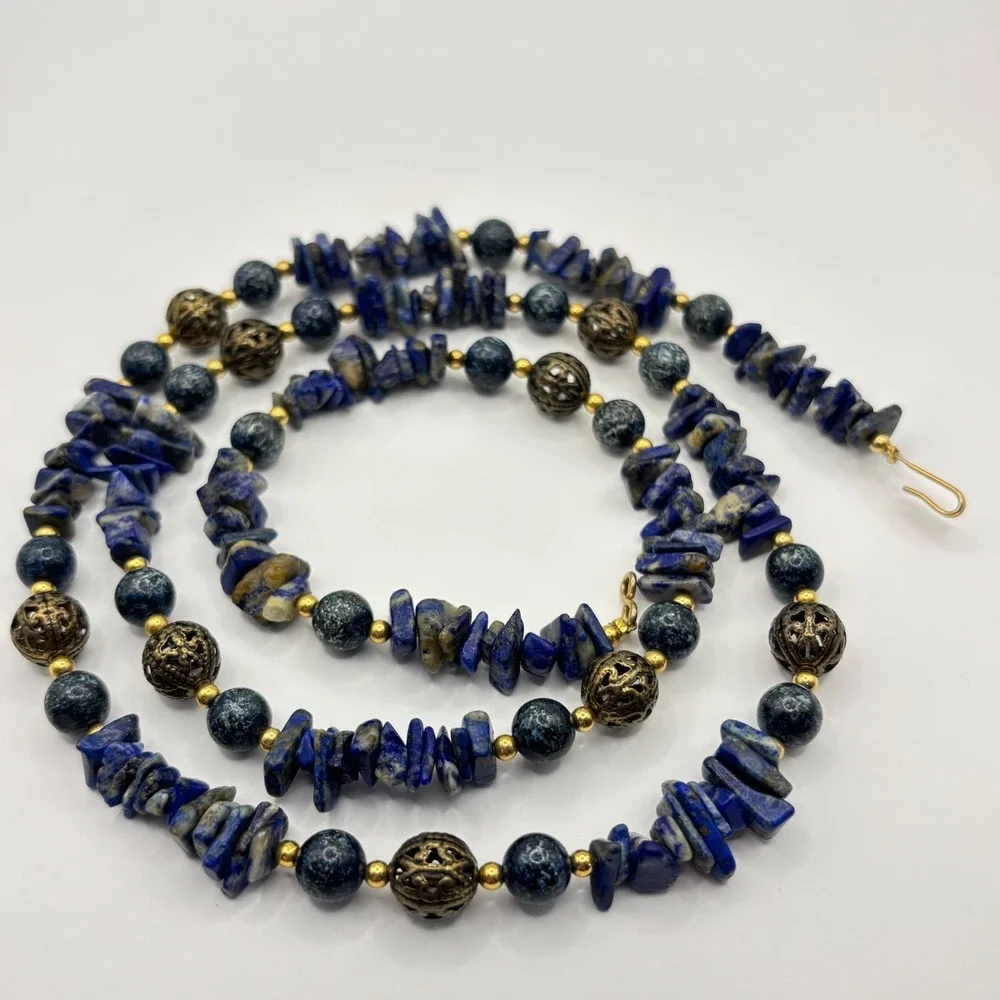 Vintage Lapis Lazuli Chips Filagree Beaded Necklace 31